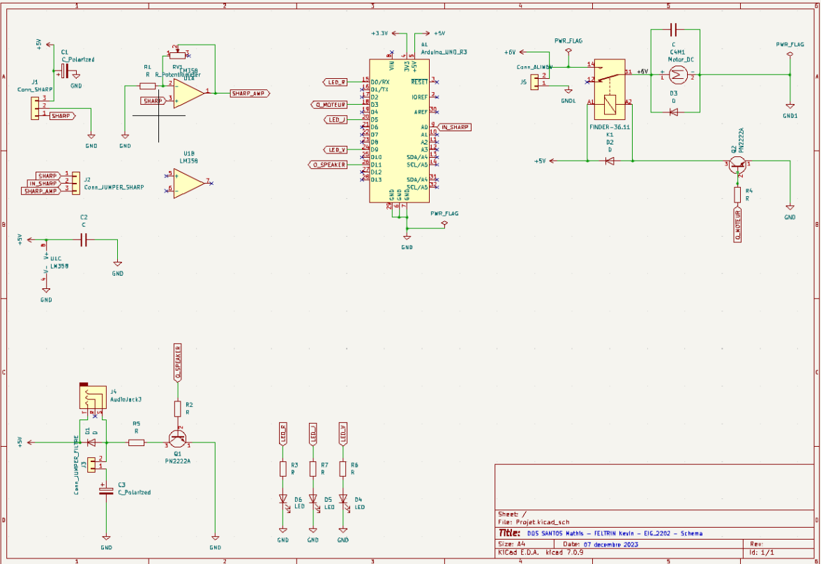 Complete schematic: sensor, amplifier, relay driver, speaker, LED bar